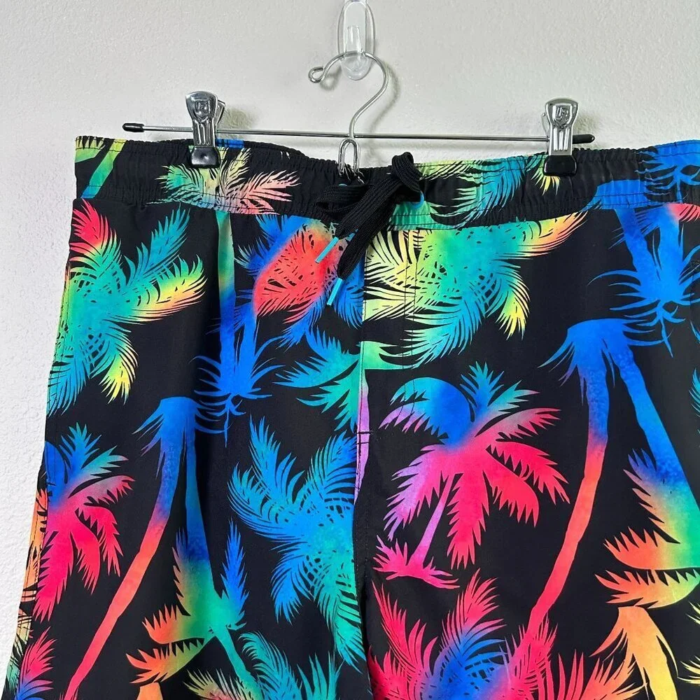 Surf Society Swim Trunks Shorts Mens Size L Black Neon Ombre Palm Floral Pockets